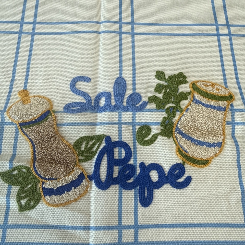 Vintage Italian Tablecloth Embroidered Salt Pepper Plaid 100% Cotton 56x93 Italy